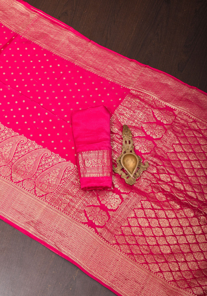 Preorder : Raspberry Pure Mysore Crepe Silk Saree with Paisley Skirt Border  | SILK MARK CERTIFIED