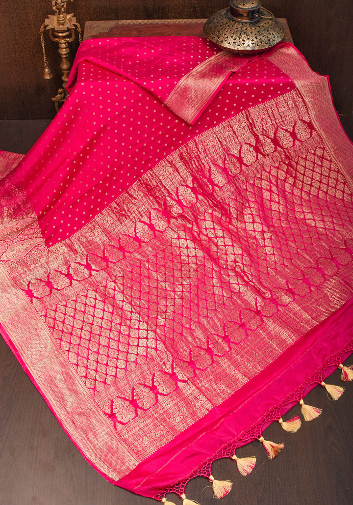 Preorder : Raspberry Pure Mysore Crepe Silk Saree with Paisley Skirt Border  | SILK MARK CERTIFIED