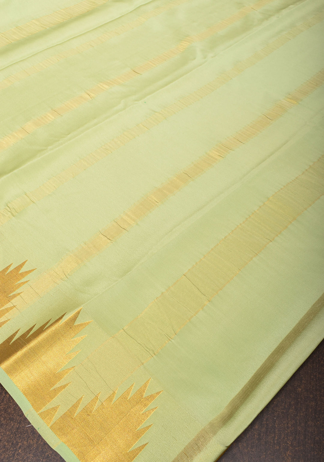 Tea Green Pure Mysore Silk Saree with Temple Zari border in Ksic Grade thickness | SILK MARK CERTIFIED