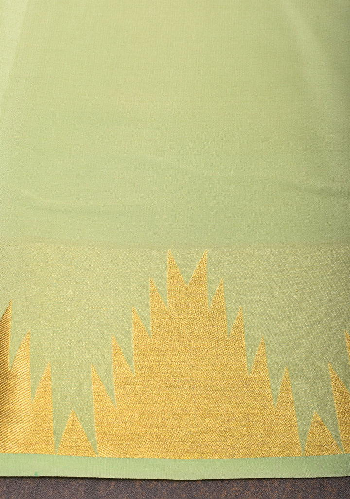 Tea Green Pure Mysore Silk Saree with Temple Zari border in Ksic Grade thickness | SILK MARK CERTIFIED