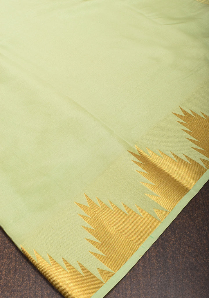 Tea Green Pure Mysore Silk Saree with Temple Zari border in Ksic Grade thickness | SILK MARK CERTIFIED