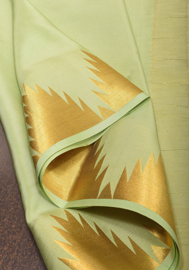 Tea Green Pure Mysore Silk Saree with Temple Zari border in Ksic Grade thickness | SILK MARK CERTIFIED