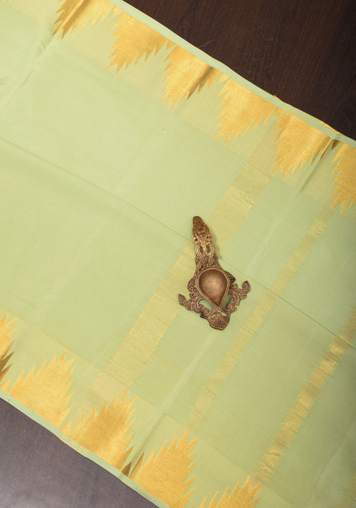 Tea Green Pure Mysore Silk Saree with Temple Zari border in Ksic Grade thickness | SILK MARK CERTIFIED