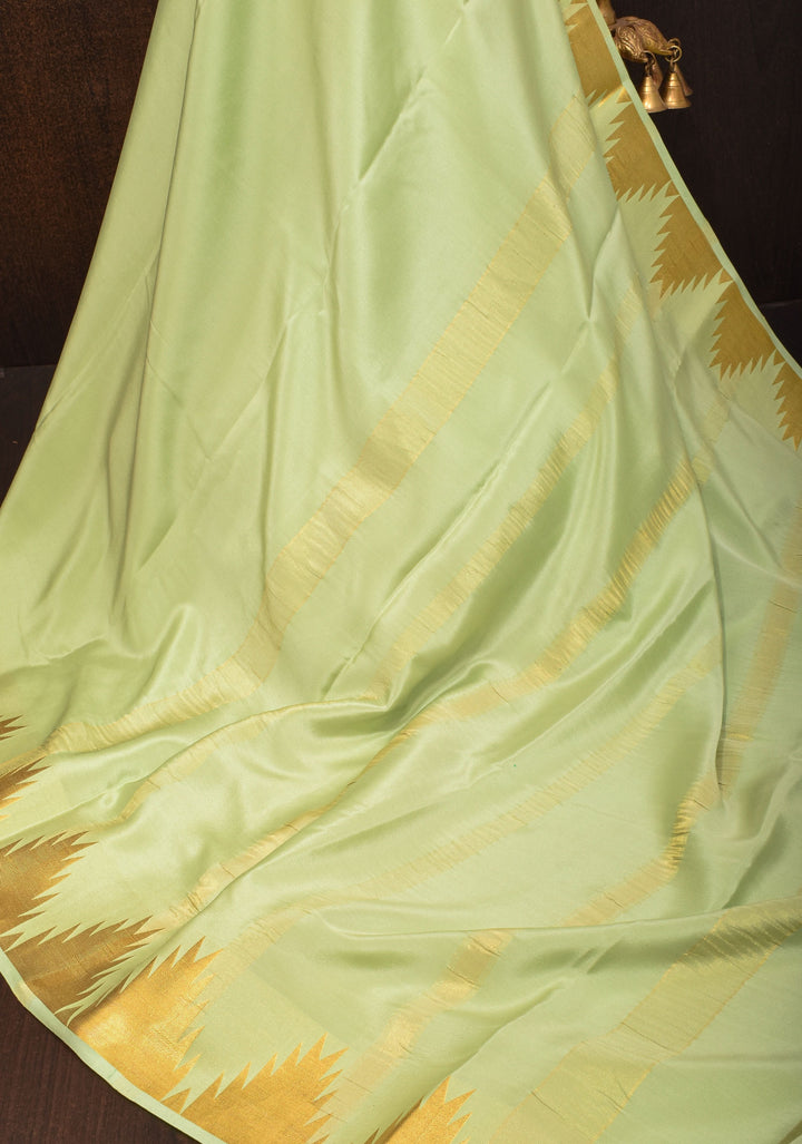 Tea Green Pure Mysore Silk Saree with Temple Zari border in Ksic Grade thickness | SILK MARK CERTIFIED