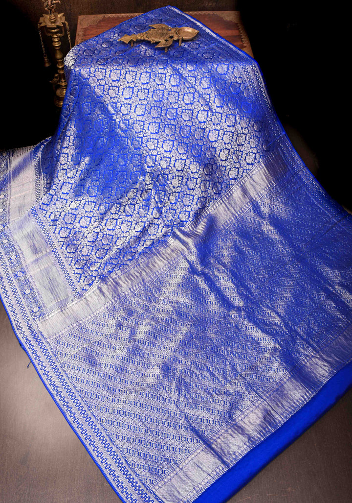 Royal Blue Mysore Silk Saree with Floral Brocade Jaal and Zari Border | SILK MARK CERTIFIED