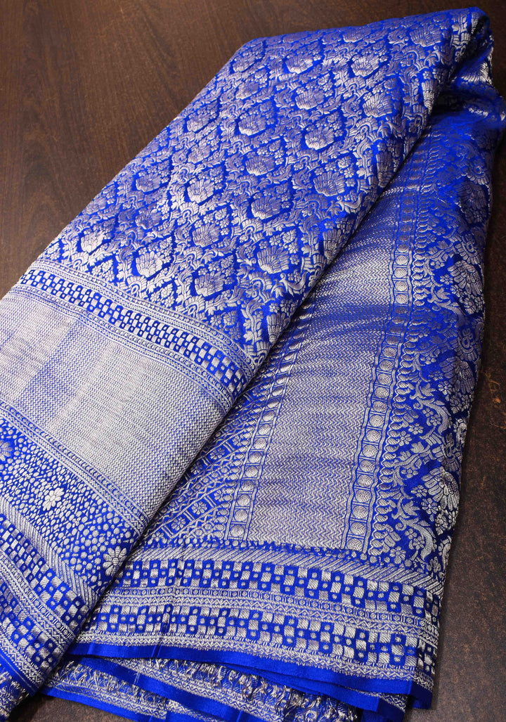 Royal Blue Mysore Silk Saree with Floral Brocade Jaal and Zari Border | SILK MARK CERTIFIED