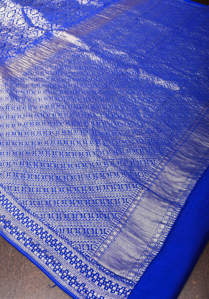Royal Blue Mysore Silk Saree with Floral Brocade Jaal and Zari Border | SILK MARK CERTIFIED