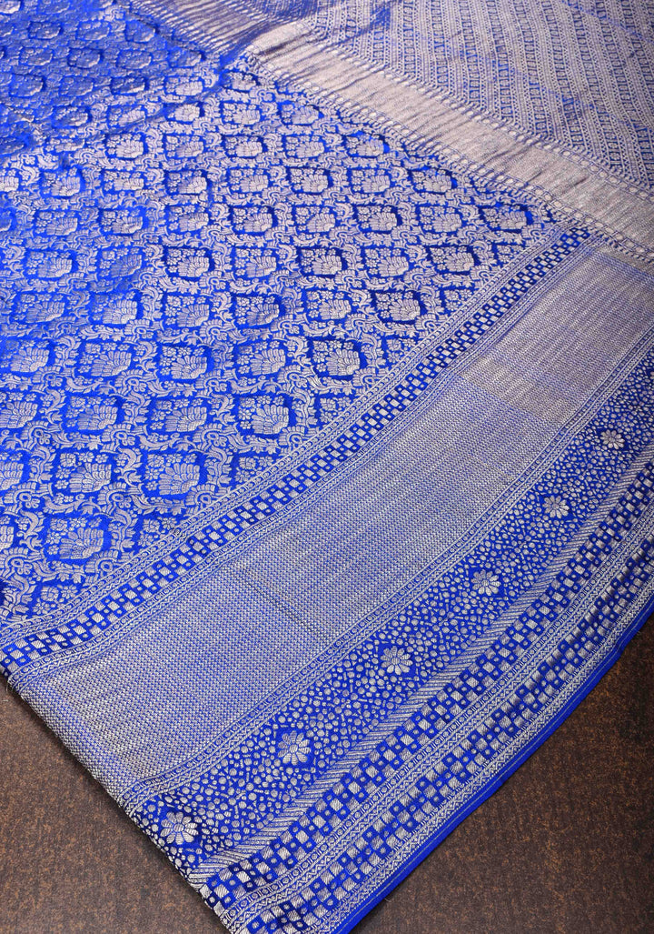 Royal Blue Mysore Silk Saree with Floral Brocade Jaal and Zari Border | SILK MARK CERTIFIED