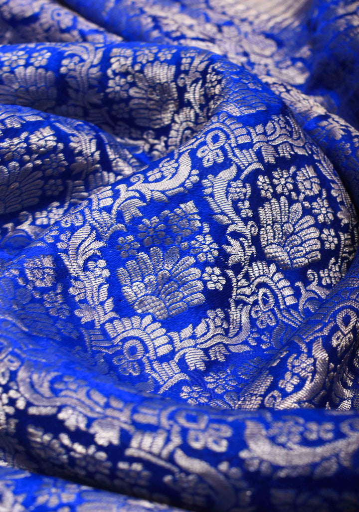 Royal Blue Mysore Silk Saree with Floral Brocade Jaal and Zari Border | SILK MARK CERTIFIED