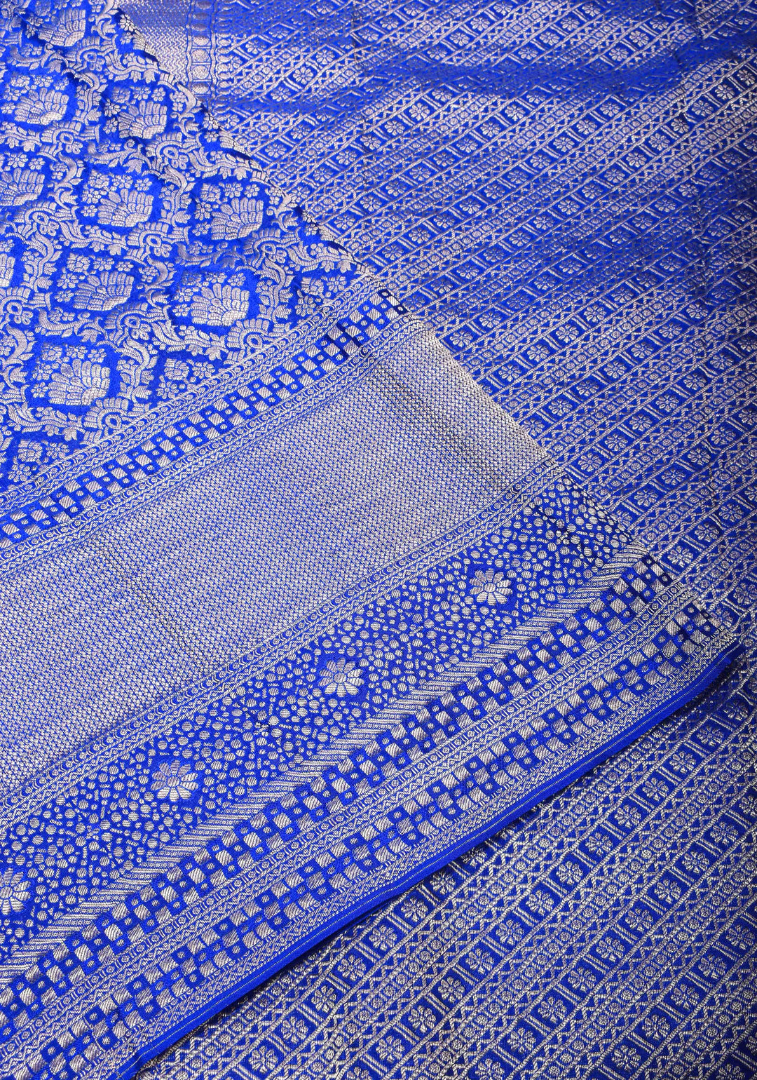 Royal Blue Mysore Silk Saree with Floral Brocade Jaal and Zari Border | SILK MARK CERTIFIED