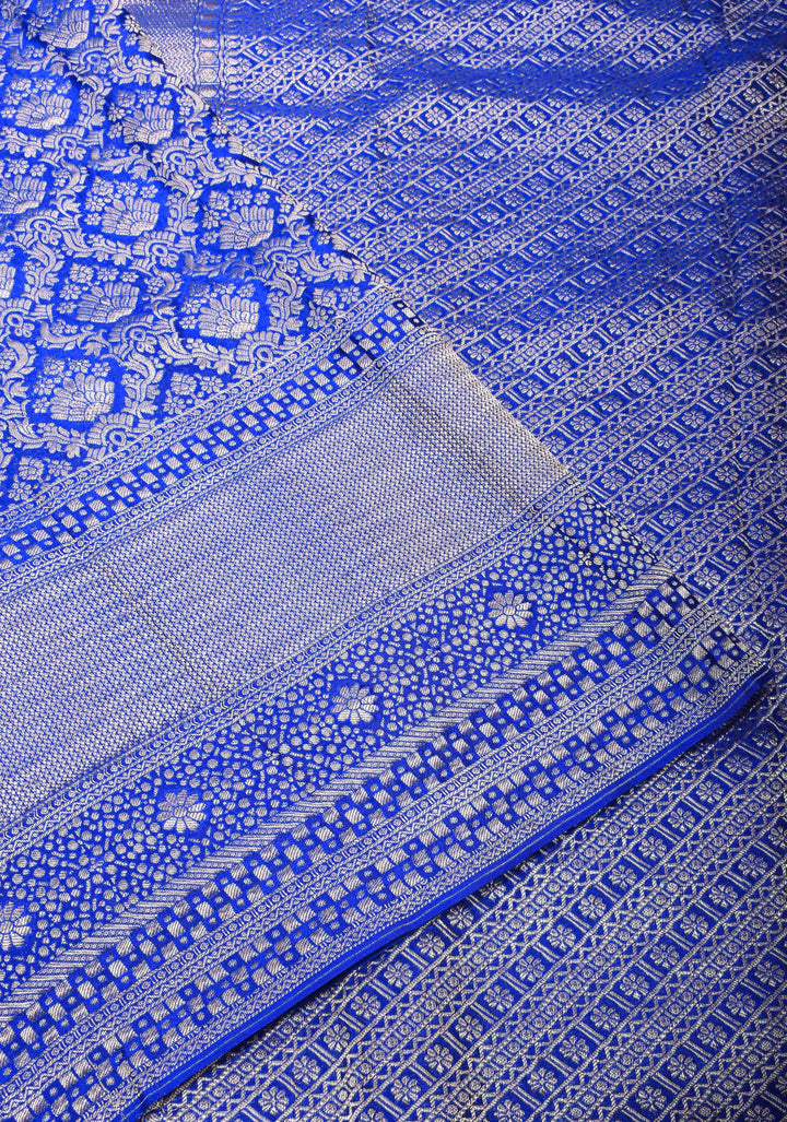 Royal Blue Mysore Silk Saree with Floral Brocade Jaal and Zari Border | SILK MARK CERTIFIED