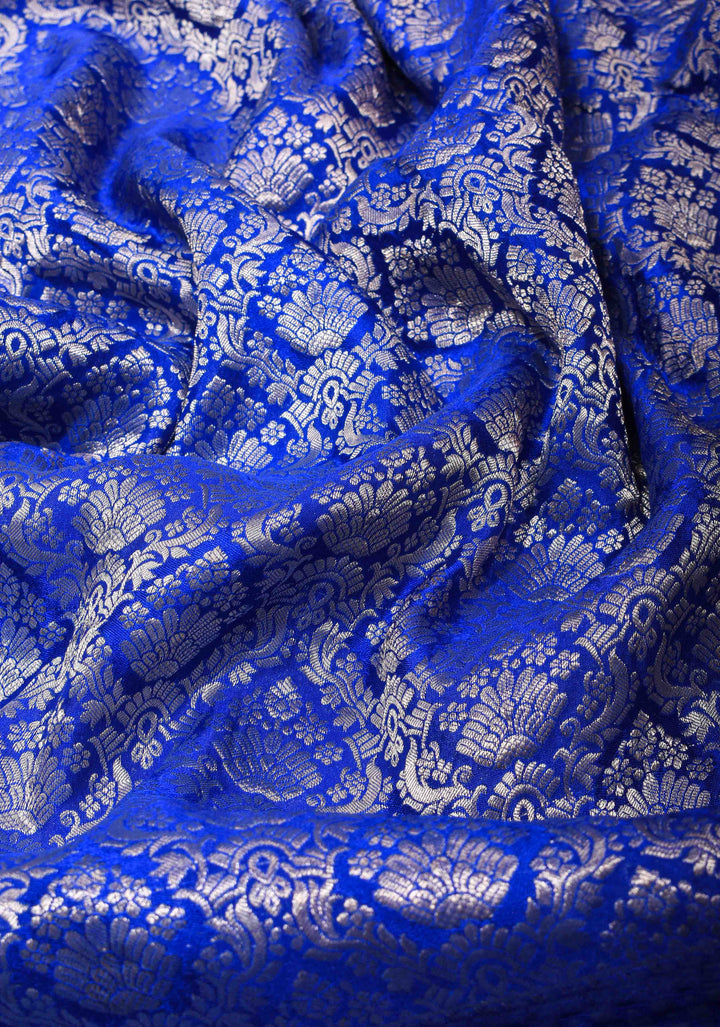 Royal Blue Mysore Silk Saree with Floral Brocade Jaal and Zari Border | SILK MARK CERTIFIED