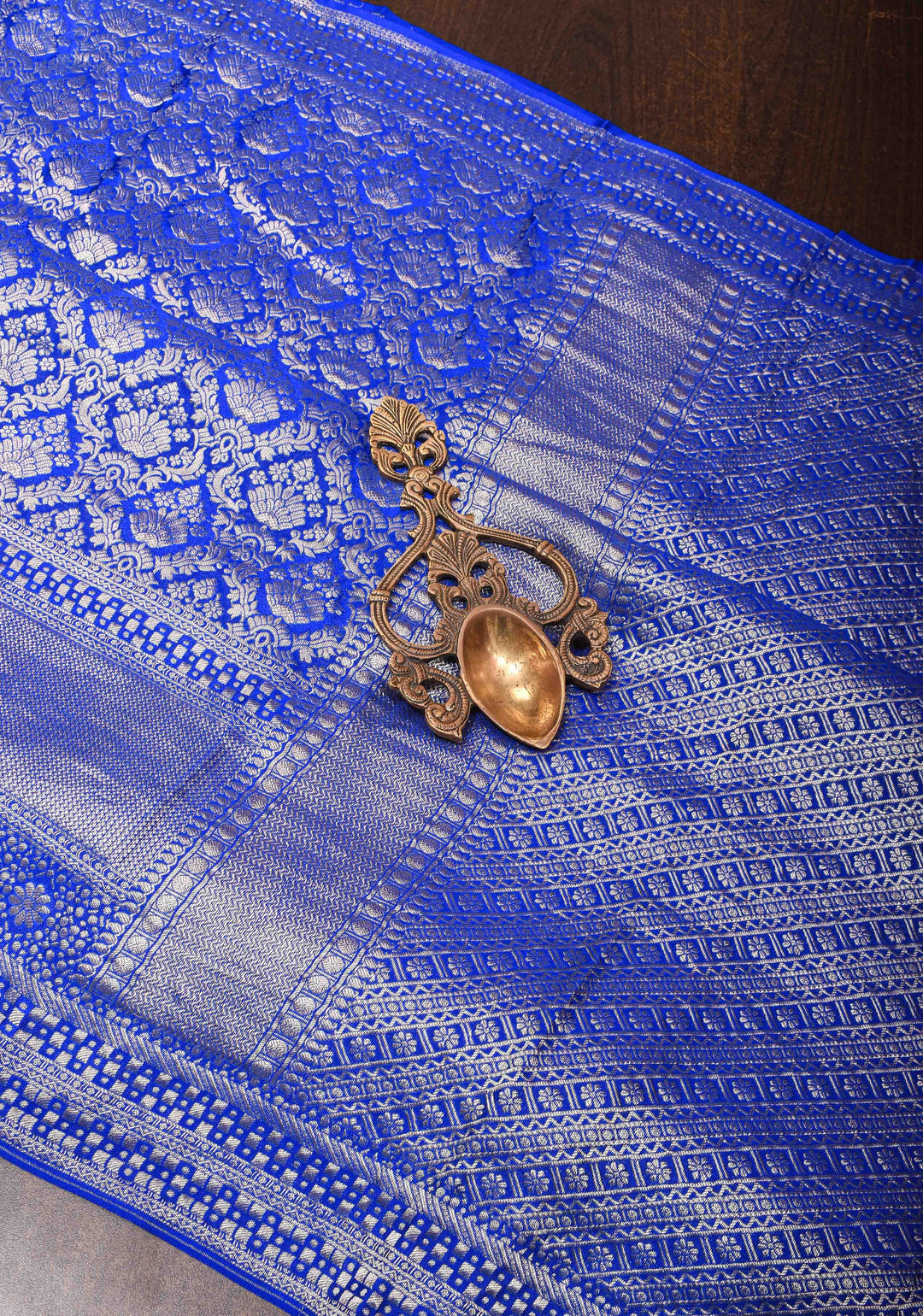 Royal Blue Mysore Silk Saree with Floral Brocade Jaal and Zari Border | SILK MARK CERTIFIED