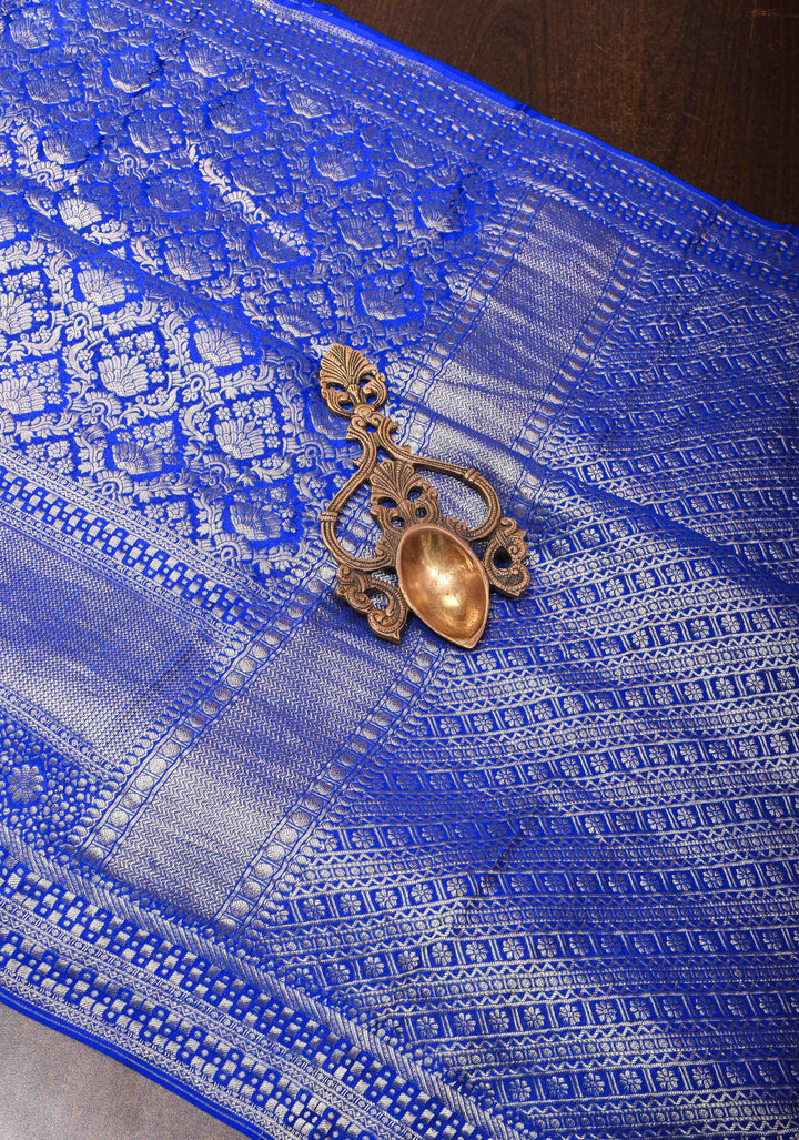 Royal Blue Mysore Silk Saree with Floral Brocade Jaal and Zari Border | SILK MARK CERTIFIED