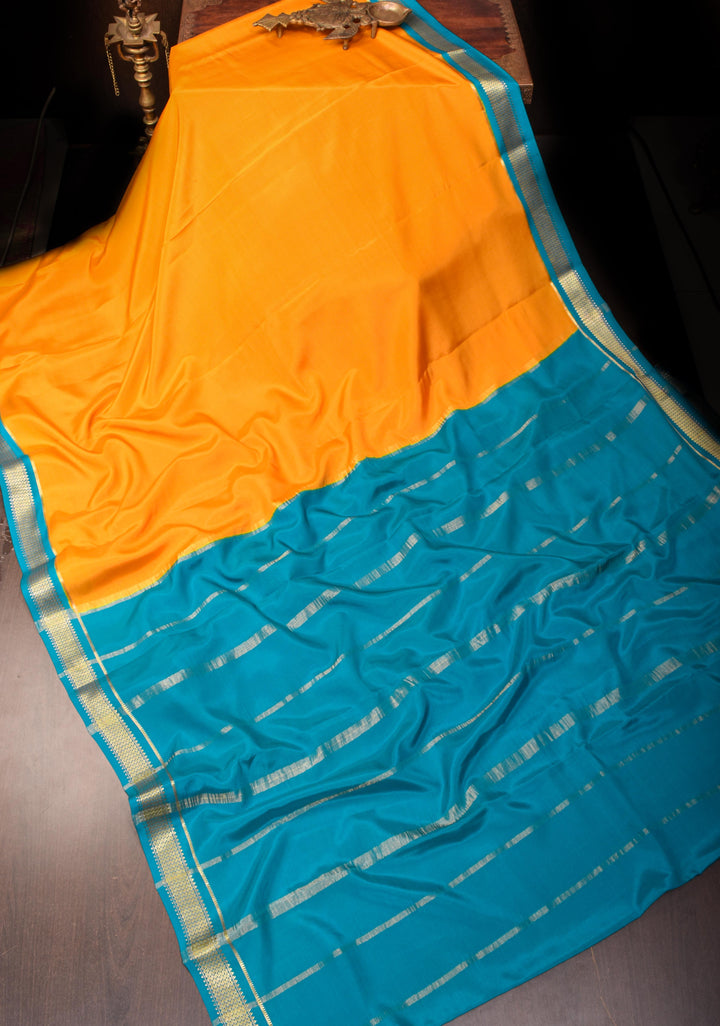 Mustard Yellow Pure Mysore Silk Saree with Contrast Zari border  | SILK MARK CERTIFIED