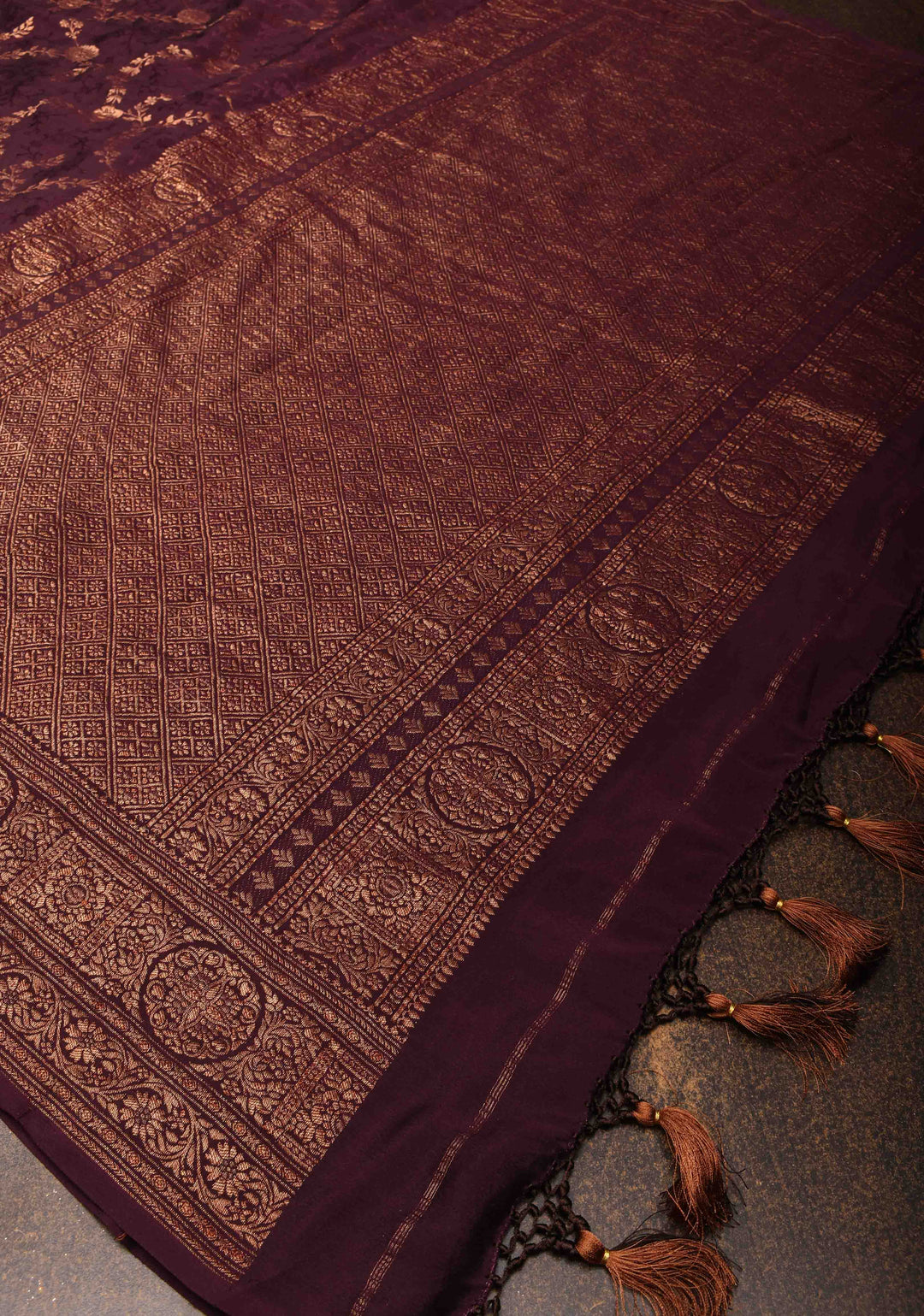 Stunning Coco Brown Mysore Silk Saree with Antique Zari Floral Jaal and Zari Border | SILK MARK CERTIFIED