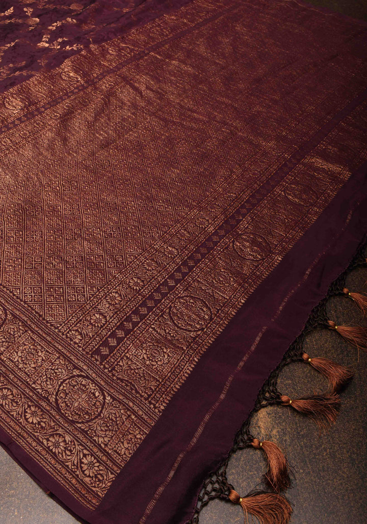 Stunning Coco Brown Mysore Silk Saree with Antique Zari Floral Jaal and Zari Border | SILK MARK CERTIFIED