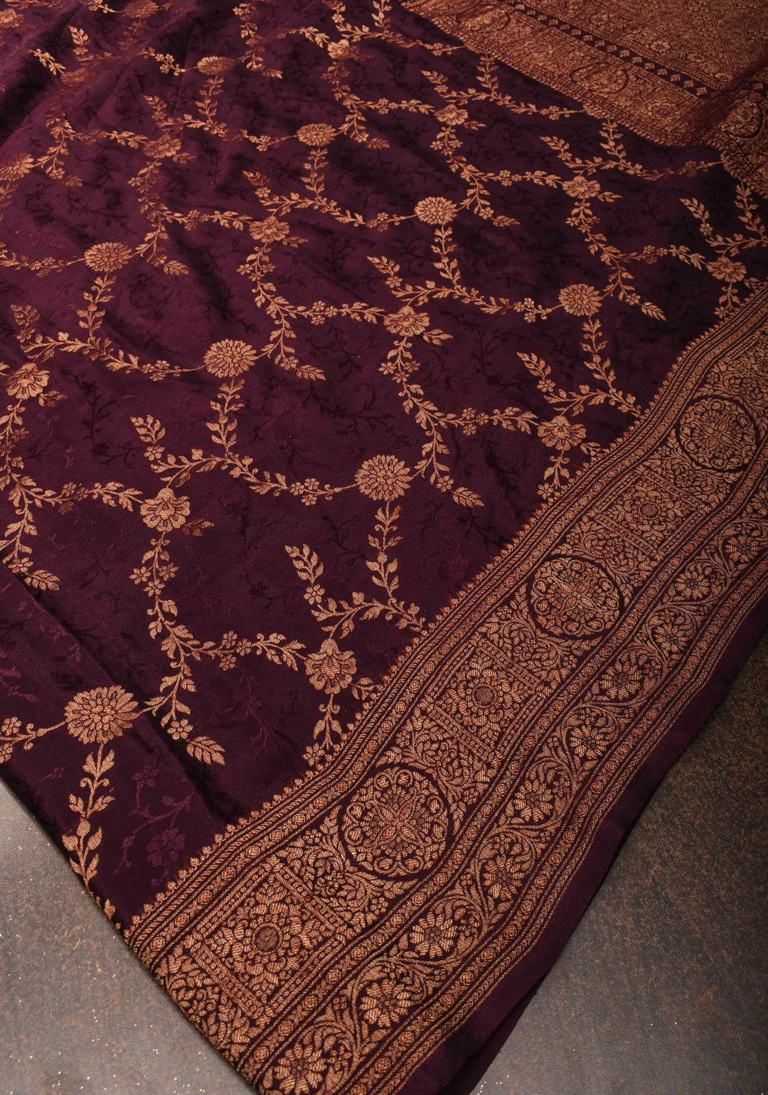 Stunning Coco Brown Mysore Silk Saree with Antique Zari Floral Jaal and Zari Border | SILK MARK CERTIFIED