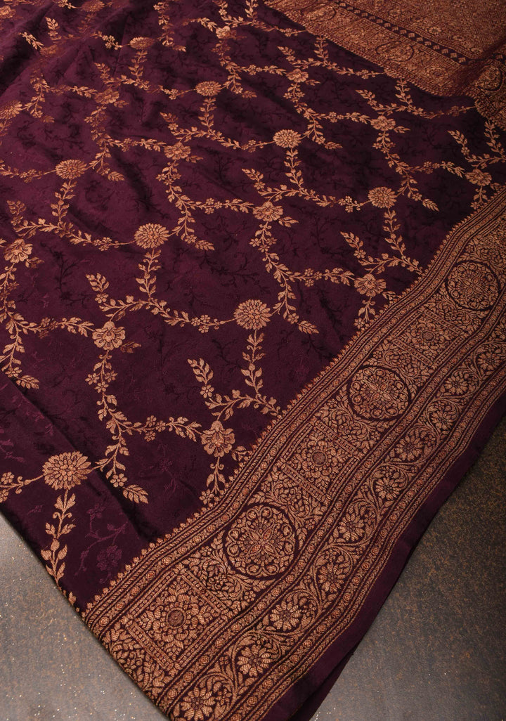 Stunning Coco Brown Mysore Silk Saree with Antique Zari Floral Jaal and Zari Border | SILK MARK CERTIFIED