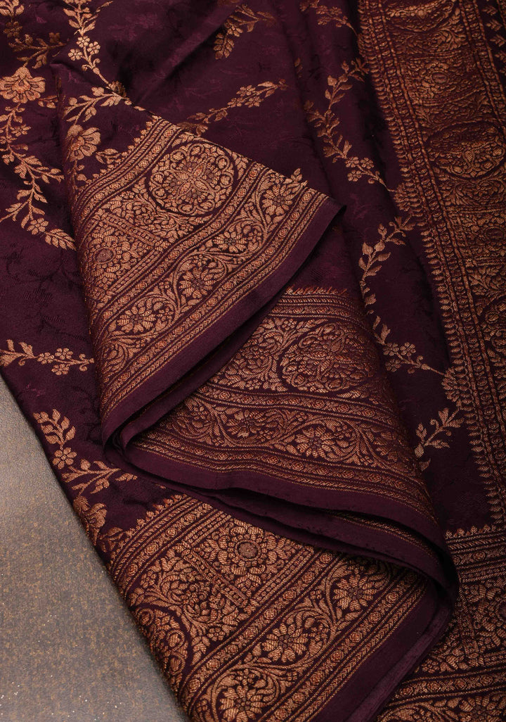 Stunning Coco Brown Mysore Silk Saree with Antique Zari Floral Jaal and Zari Border | SILK MARK CERTIFIED