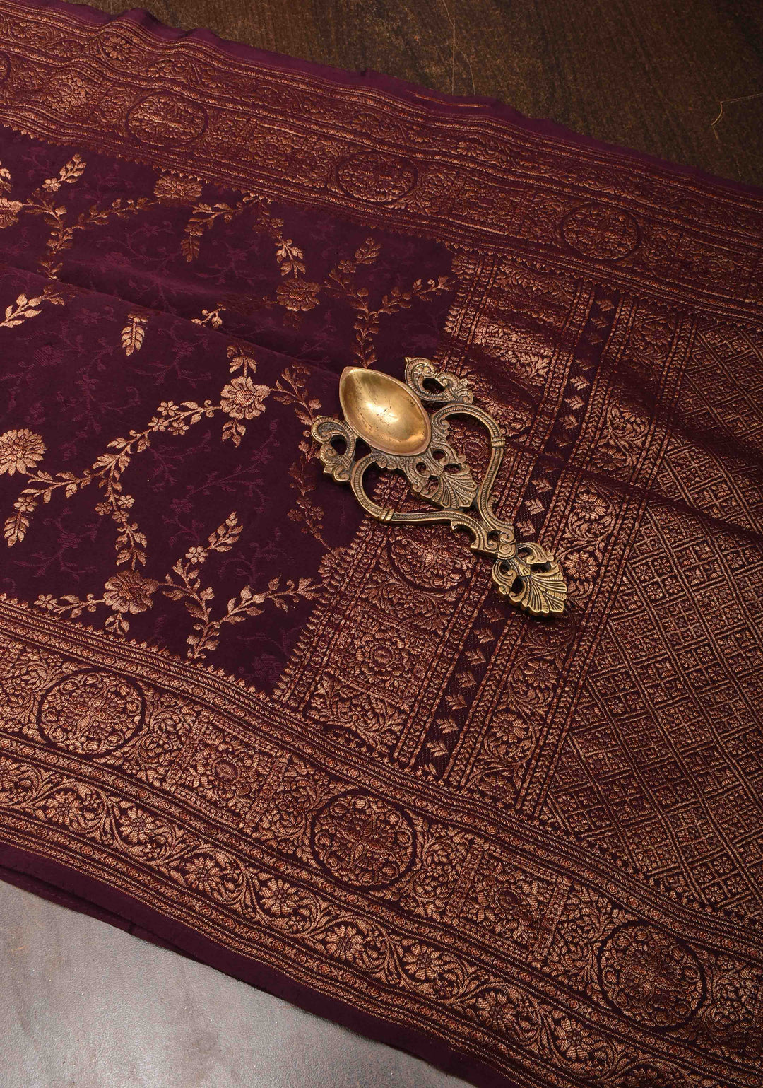 Stunning Coco Brown Mysore Silk Saree with Antique Zari Floral Jaal and Zari Border | SILK MARK CERTIFIED