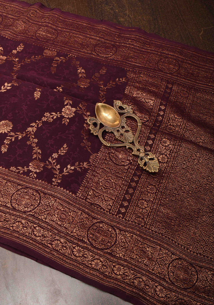 Stunning Coco Brown Mysore Silk Saree with Antique Zari Floral Jaal and Zari Border | SILK MARK CERTIFIED