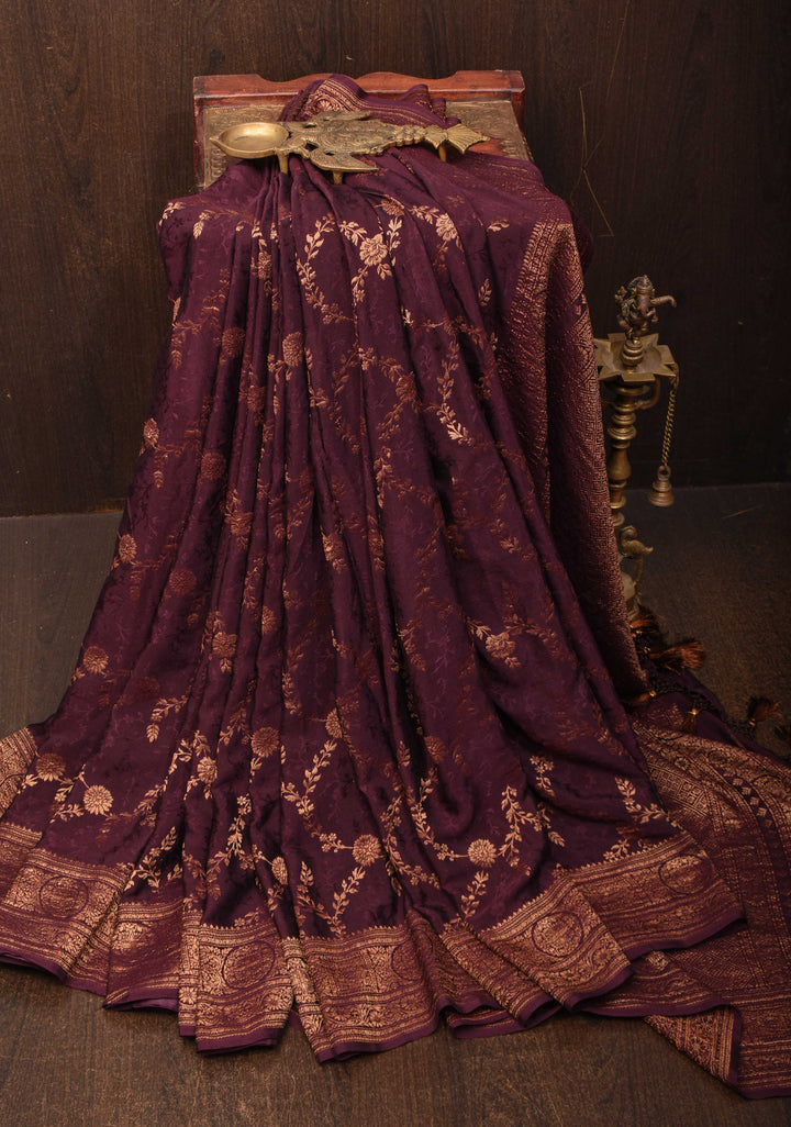 Stunning Coco Brown Mysore Silk Saree with Antique Zari Floral Jaal and Zari Border | SILK MARK CERTIFIED