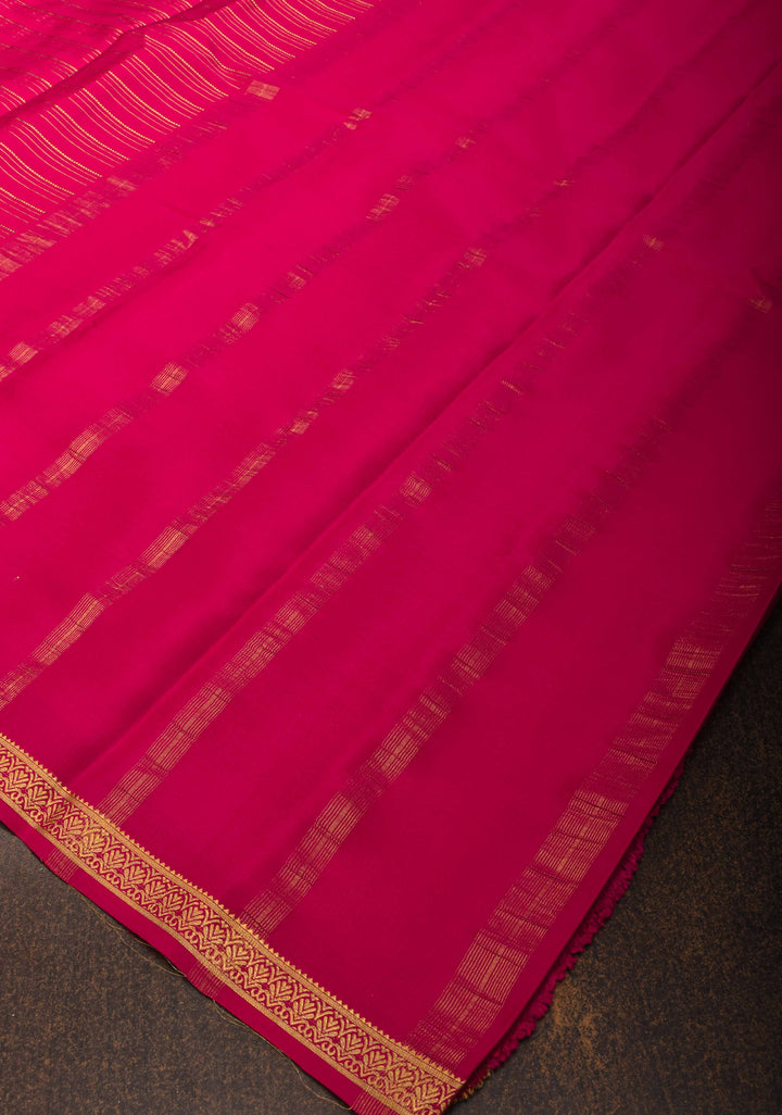 Pink Red Horizontal Zari Stripes Mysore Silk Saree with Zari Border | SILK MARK CERTIFIED