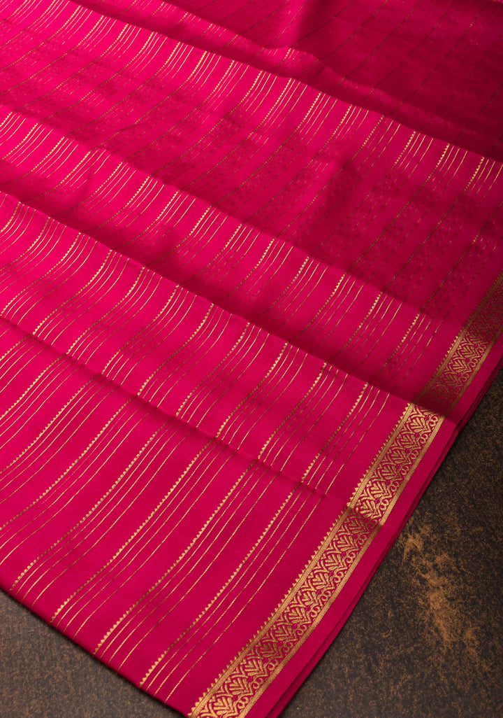 Pink Red Horizontal Zari Stripes Mysore Silk Saree with Zari Border | SILK MARK CERTIFIED