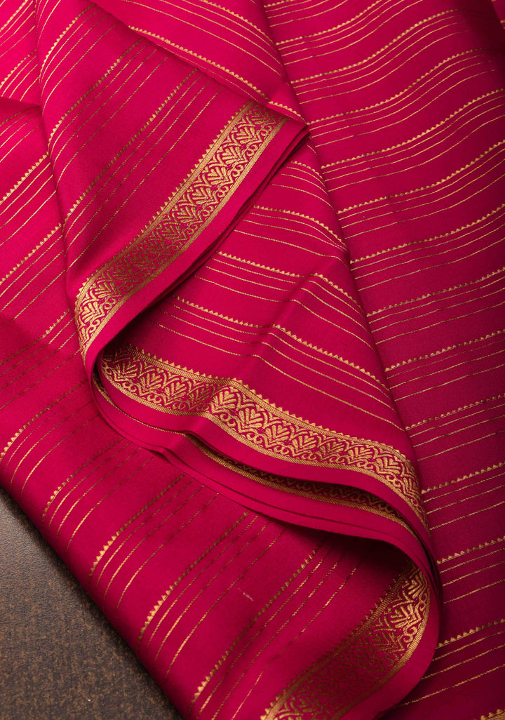 Pink Red Horizontal Zari Stripes Mysore Silk Saree with Zari Border | SILK MARK CERTIFIED