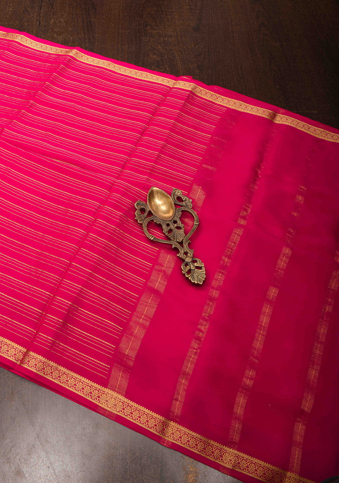 Pink Red Horizontal Zari Stripes Mysore Silk Saree with Zari Border | SILK MARK CERTIFIED