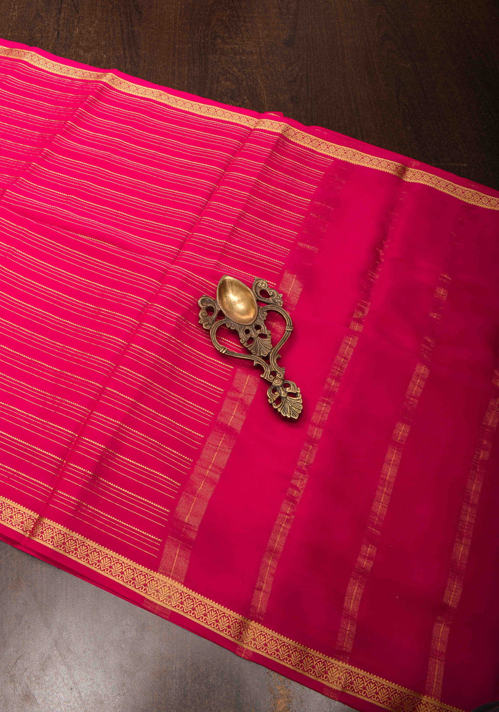 Pink Red Horizontal Zari Stripes Mysore Silk Saree with Zari Border | SILK MARK CERTIFIED