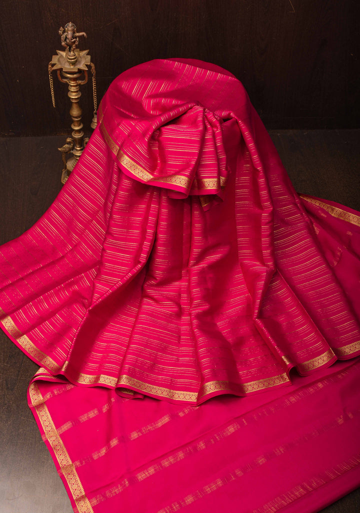 Pink Red Horizontal Zari Stripes Mysore Silk Saree with Zari Border | SILK MARK CERTIFIED