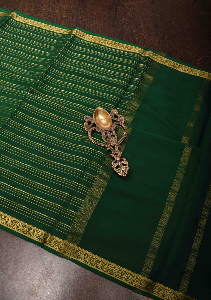 Palm Green Horizontal Zari Stripes Mysore Silk Saree with Zari Border | SILK MARK CERTIFIED