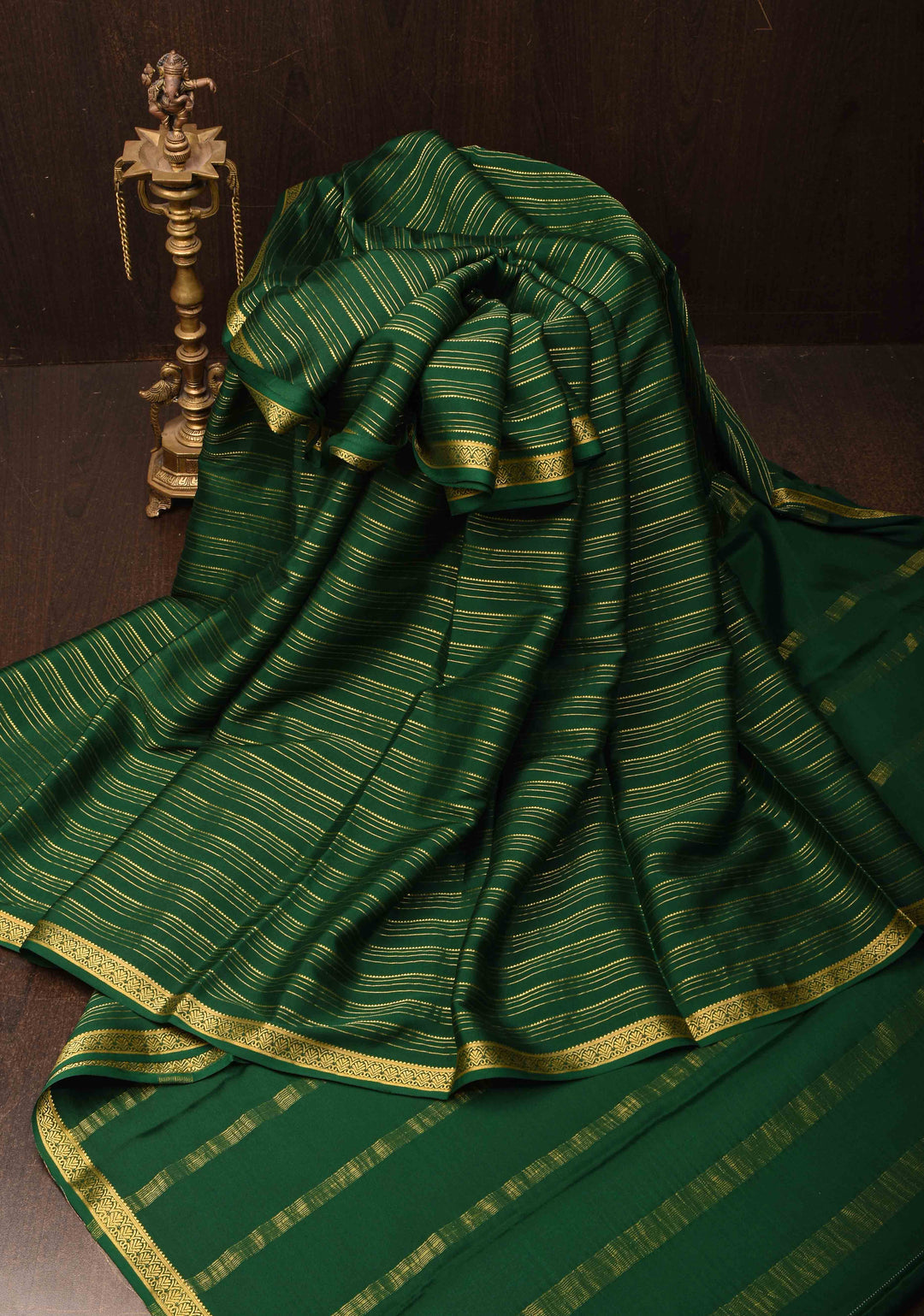 Palm Green Horizontal Zari Stripes Mysore Silk Saree with Zari Border | SILK MARK CERTIFIED