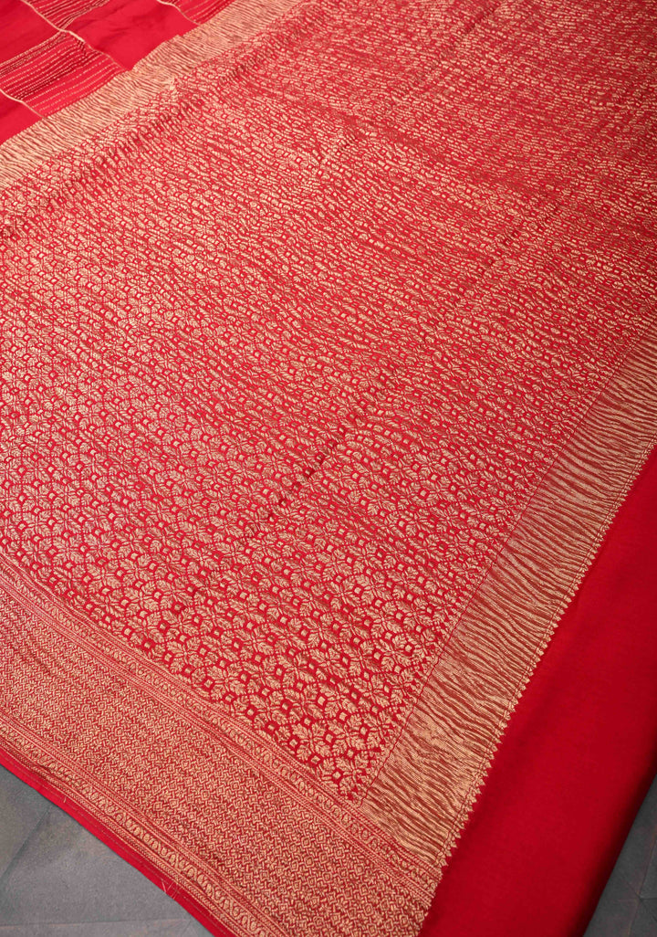 Red Mysore Silk Saree with Checks Pattern and Zari Border in KSIC Grade Thickness | SILK MARK CERTIFIED