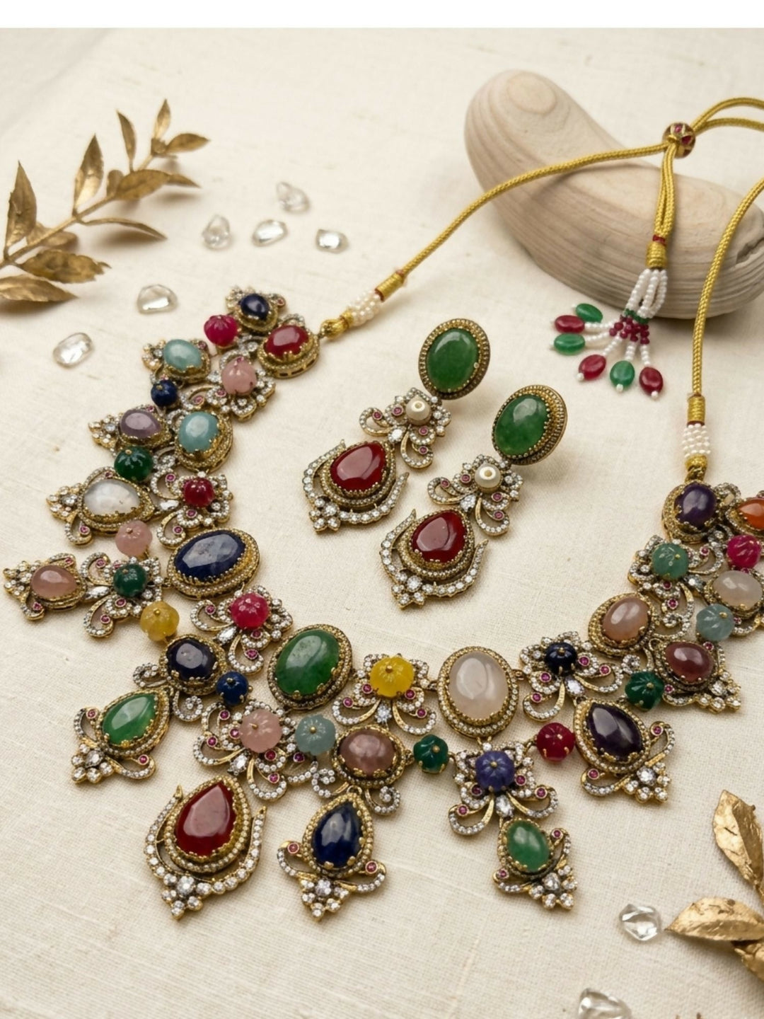 Multicolour Navratna Kundan Statement Necklace Set with Earrings | SHOBITAM