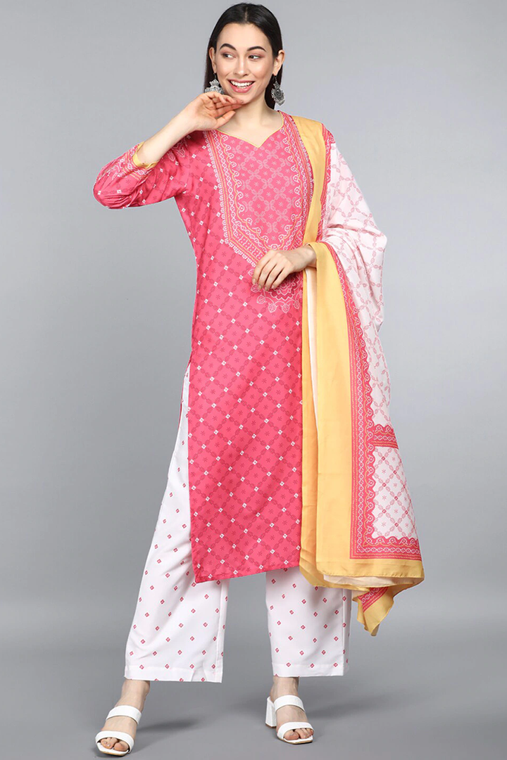Pink Polyester Ethnic Motifs Straight Suit Set   | SHOBITAM
