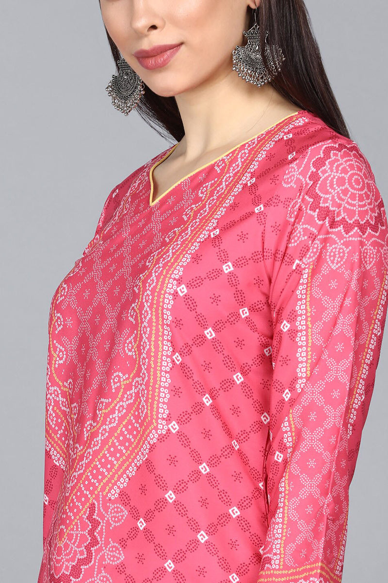 Pink Polyester Ethnic Motifs Straight Suit Set   | SHOBITAM