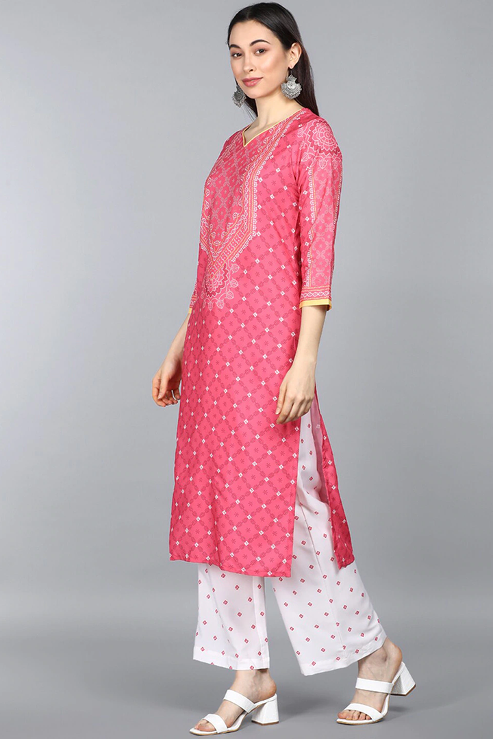 Pink Polyester Ethnic Motifs Straight Suit Set   | SHOBITAM