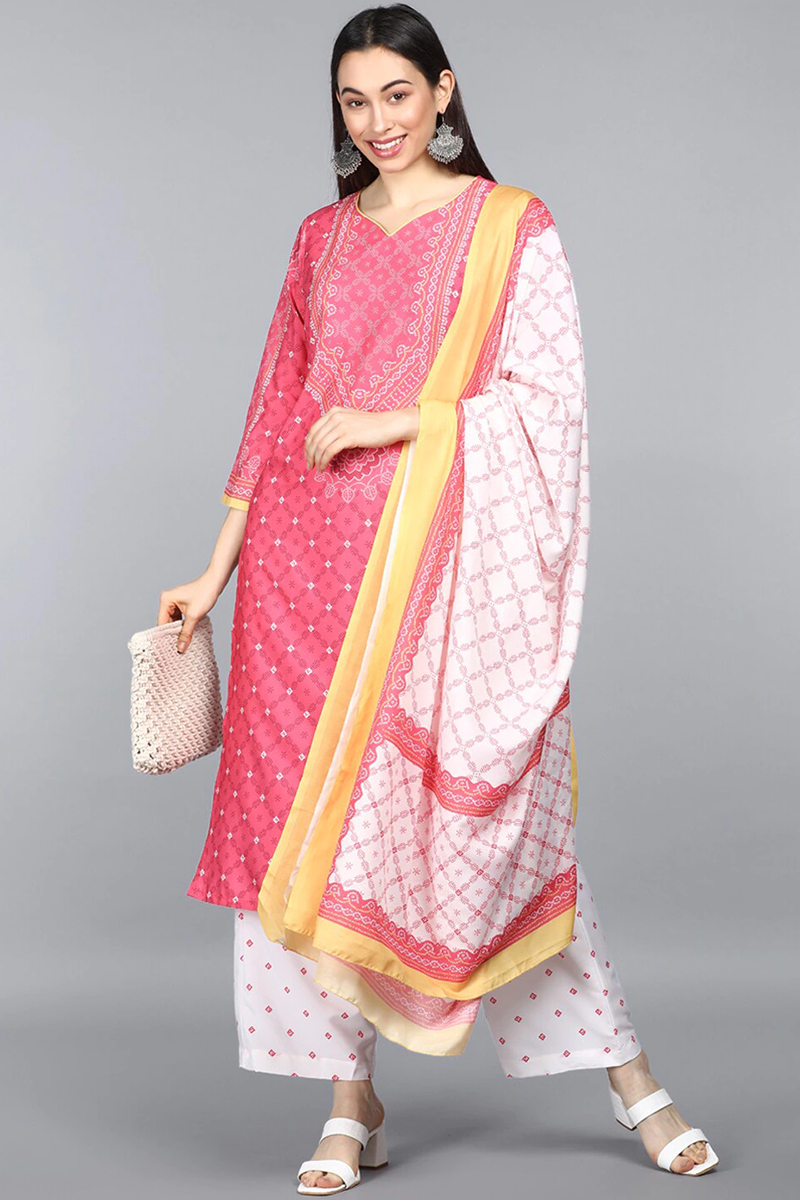 Pink Polyester Ethnic Motifs Straight Suit Set   | SHOBITAM