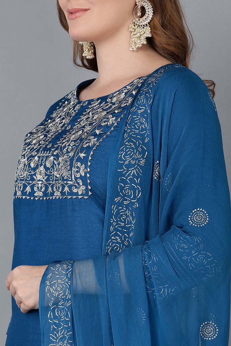 Women Blue Floral Yoke Design Regular Thread Work Kurta with Palazzos With Dupatta | SHOBITAM