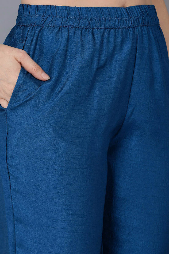 Women Blue Floral Yoke Design Regular Thread Work Kurta with Palazzos With Dupatta | SHOBITAM