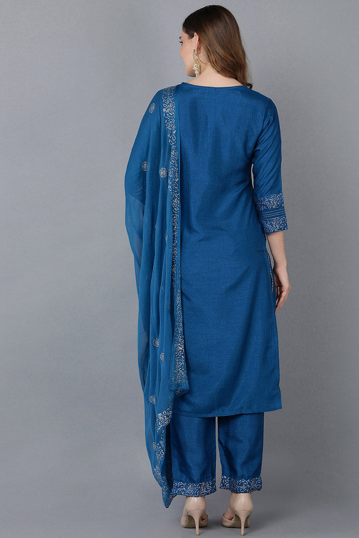 Women Blue Floral Yoke Design Regular Thread Work Kurta with Palazzos With Dupatta | SHOBITAM