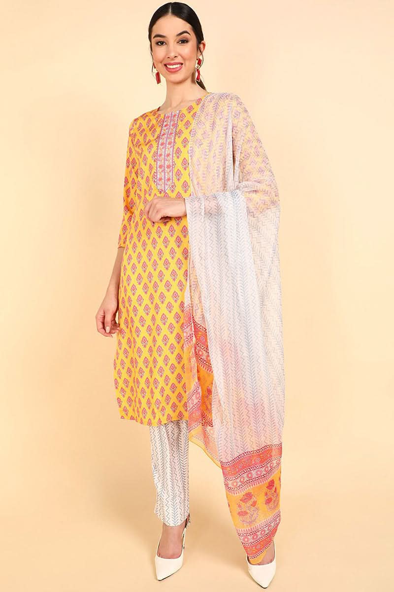 Mustard Polyester Straight Kurta Pant With Dupatta | SHOBITAM