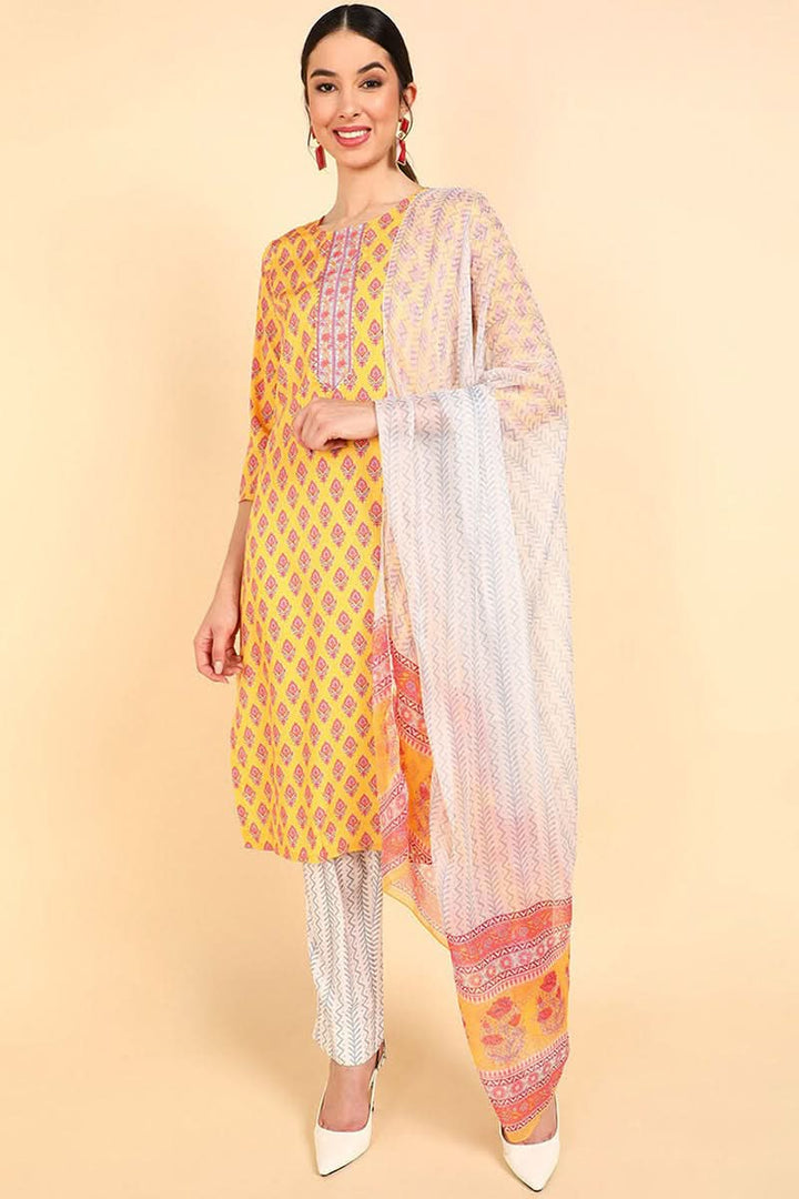 Mustard Polyester Straight Kurta Pant With Dupatta | SHOBITAM
