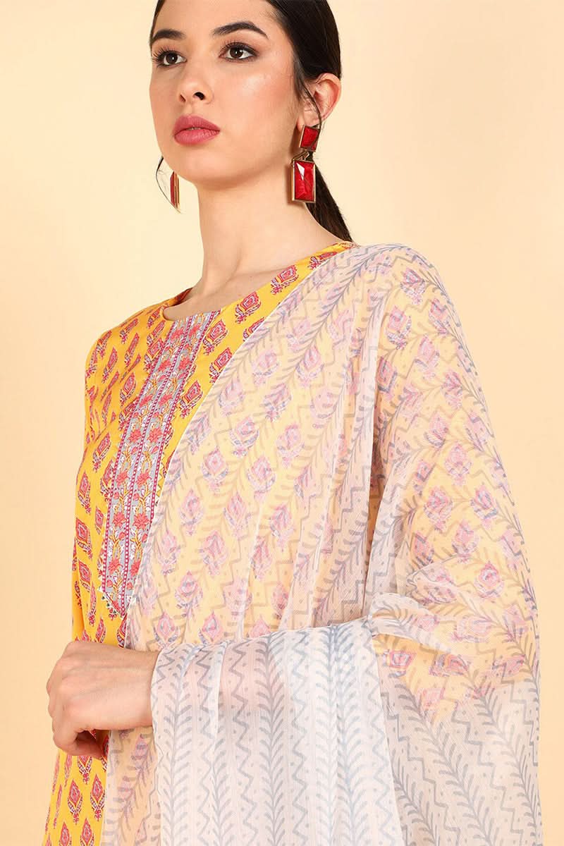 Mustard Polyester Straight Kurta Pant With Dupatta | SHOBITAM