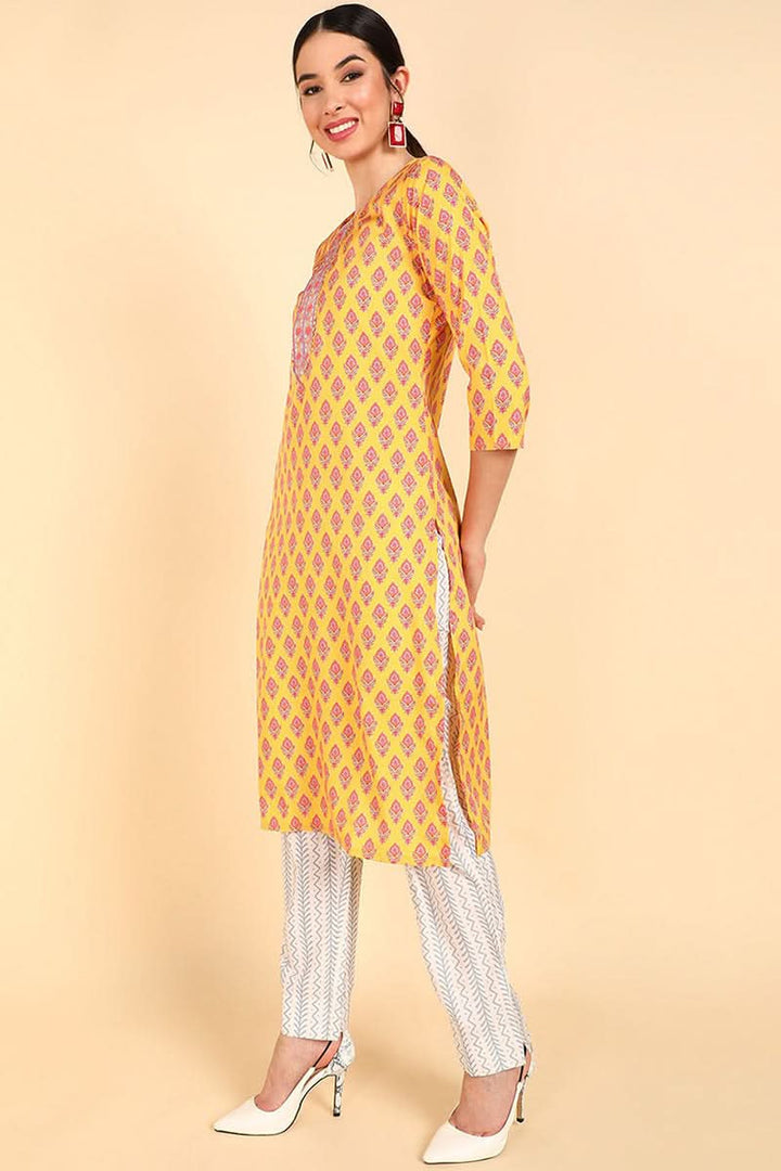Mustard Polyester Straight Kurta Pant With Dupatta | SHOBITAM