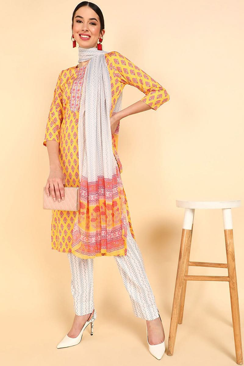 Mustard Polyester Straight Kurta Pant With Dupatta | SHOBITAM