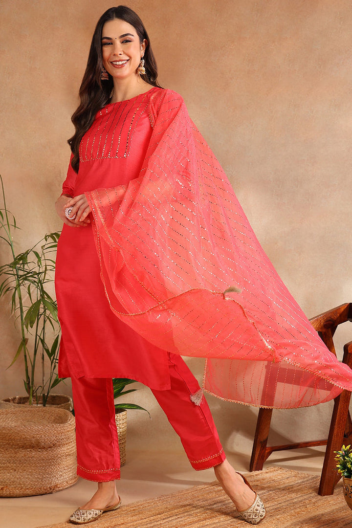 Fuchsia Poly Chanderi Solid Straight Suit Set | SHOBITAM